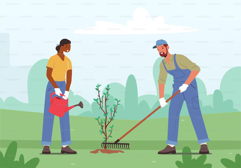 Reforestation, Forest Restoration, Planting New Trees Concept. Man and Woman Volunteer Characters Care of Plants Watering from Can, Save Nature, Environment Protection. Cartoon Vector Illustration