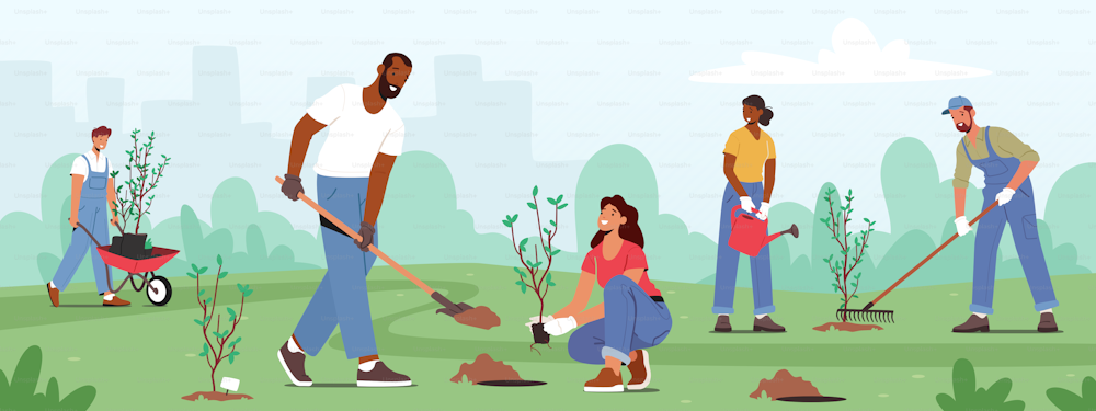 Reforestation, Nature and Ecology Concept. World Environment Day, Characters Planting Seedlings and Growing Trees into Soil Working in Garden, Save World, Earth Day. Cartoon People Vector Illustration