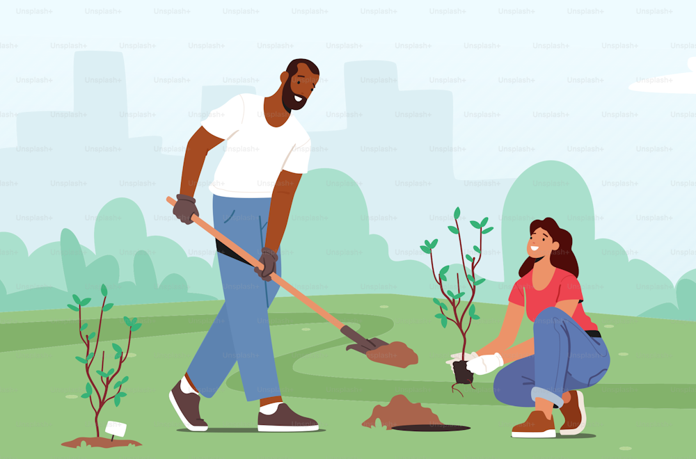 Revegetation, Forest Restoration, Reforestation and Planting Trees Concept. Volunteer Characters Planting Plants Seedlings, Save Nature, Environment Protection. Cartoon People Vector Illustration