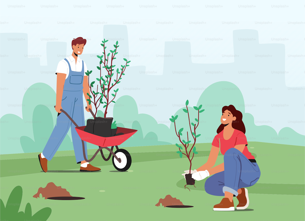 Global Environmental Movement, Reforestation Concept. Characters Planting Seedlings and Trees into Soil in Garden, Save World, Nature, Environment and Ecology. Cartoon People Vector Illustration