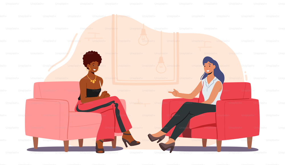 Tv Night Show with Guest. Elegant Female Celebrity Character Giving Interview to Television Presenter in Broadcasting Studio, Journalist Asking Famous Woman Host. Cartoon People Vector Illustration
