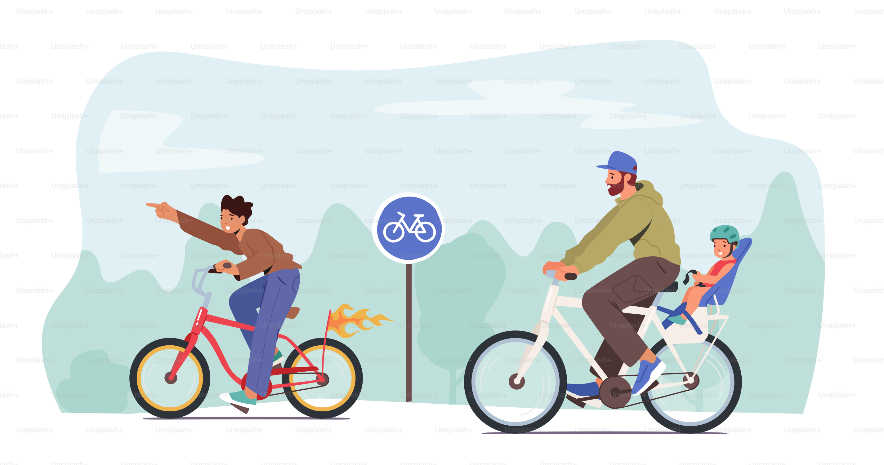 Young Father, Teenager Son and Little Child Characters Riding Bicycle, Baby Sitting on Dad Bicycle Trunk Seat. Happy Family Spare Time and Outdoor Sport Activity. Cartoon People Vector Illustration