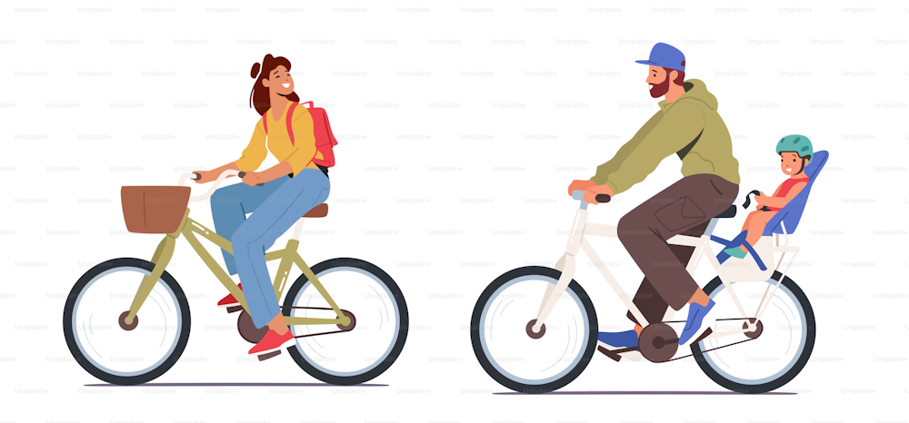 Young Man and Woman with Baby Riding Bikes Isolated on White Background. Active Characters Enjoying Healthy Lifestyle, Eco Transportation Ride and Family Spare Time. Cartoon People Vector Illustration