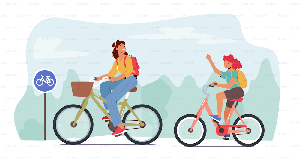 Personnages de famille heureux Mode de vie sain, activité sportive en plein air. Mère et fille adolescente faisant du vélo. Maman avec fille marchant pour le pique-, piste de conduite. Illustration vectorielle de personnes de dessins animés