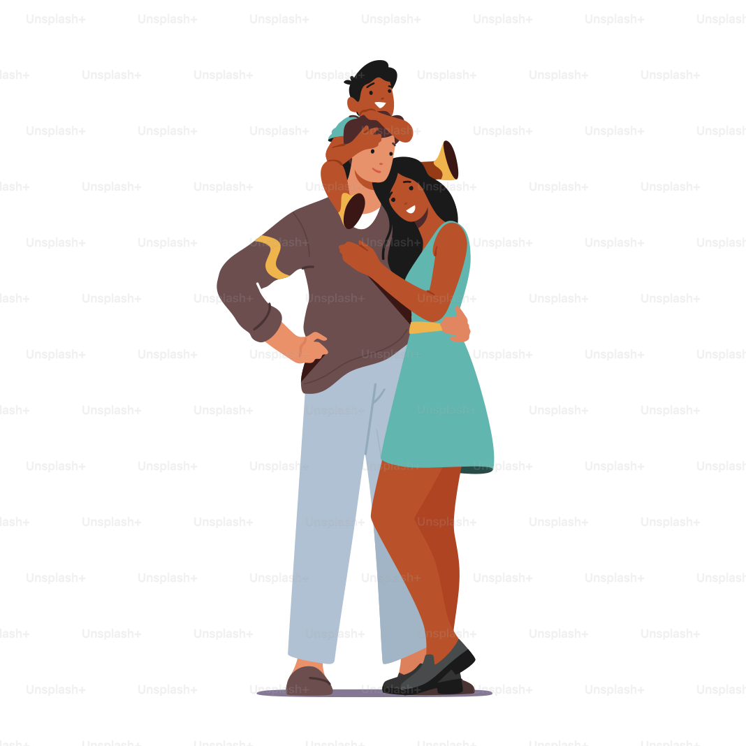 Happy Family Characters Hugging. Parents and Baby Love, Tenderness. Mother and Cute Toddler Child Sitting on Father Shoulders Embrace Dad Express Loving Feelings. Cartoon People Vector Illustration