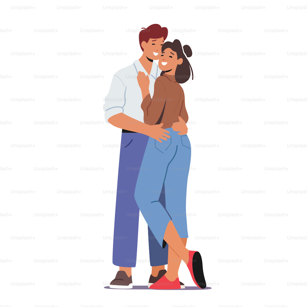 Loving Couple Romantic Relations Concept. Happy Man and Woman Embracing and Hugging. Lovers Characters Dating, Male and Female Love, Connection, Romance Feelings. Cartoon People Vector Illustration