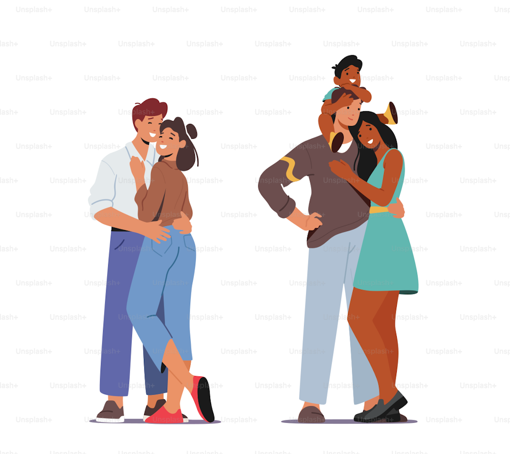 Happy Family Relations. Loving Couple Embrace, Parents and Child Hugging. Mother and Father Characters Hold Baby on Shoulders Hug and Express Love and Tenderness. Cartoon People Vector Illustration