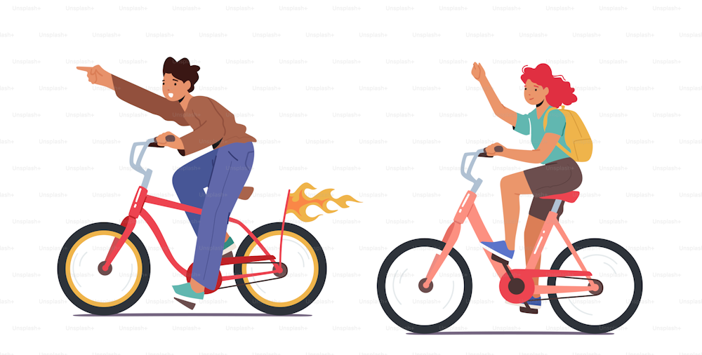 Heureux garçon et fille personnages voyage à vélo, mode de vie sain, activité sportive en plein air. Les adolescents font du vélo, font de l’exercice, marchent pour pique-, conduisent une piste. Illustration vectorielle de personnes de dessins animés