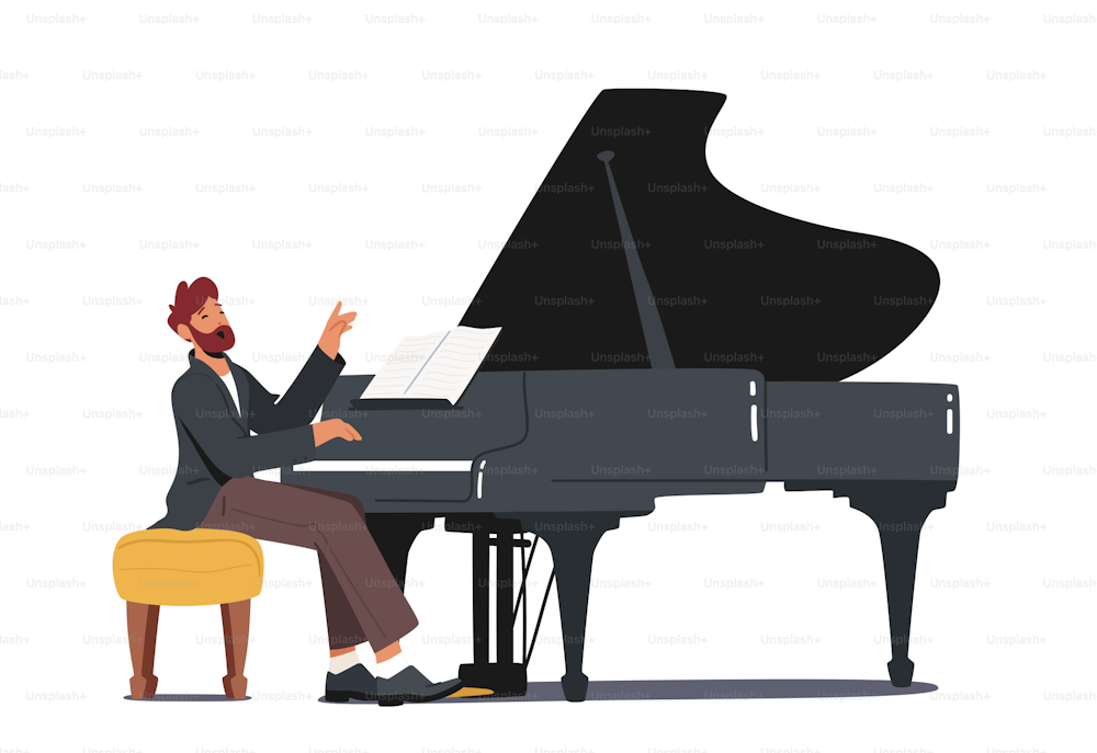 コンサートの衣装を着たピアニストのキャラクターが、シンフォニックオーケストラやステージでのオペラ演奏のためにグランドピアノで作曲を演奏します。シーンで演奏する才能のあるアーティスト。漫画のベクターイラスト
