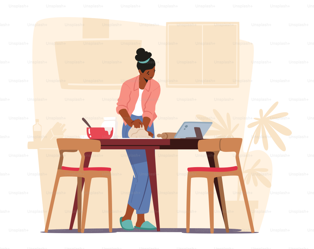 Young Woman Cook Food on Kitchen and Watch Movie on Laptop. Female Character Baking for Family Concept. Girl Kneading Raw Dough for Bake and Cooking Fresh Pies Concept. Cartoon Vector Illustration