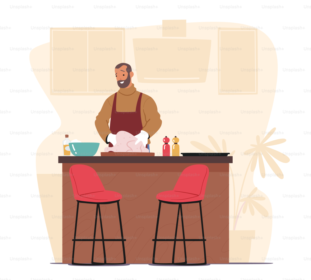 Handsome Man Cooking on Kitchen at Home. Happy Male Character Stuff Turkey or Chicken, Preparing Delicious and Healthy Food Meal for Dating or Dinner Weekend Spare Time. Cartoon Vector Illustration