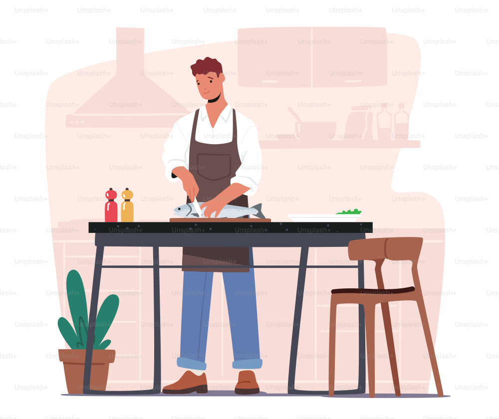 Male Character Cooking Seafood. Young Man in Chef Apron Cutting Big Fish at Home Kitchen Prepare Meal for Family Dinner Enjoying Process of Cook Food, Domestic Lifestyle. Cartoon Vector Illustration