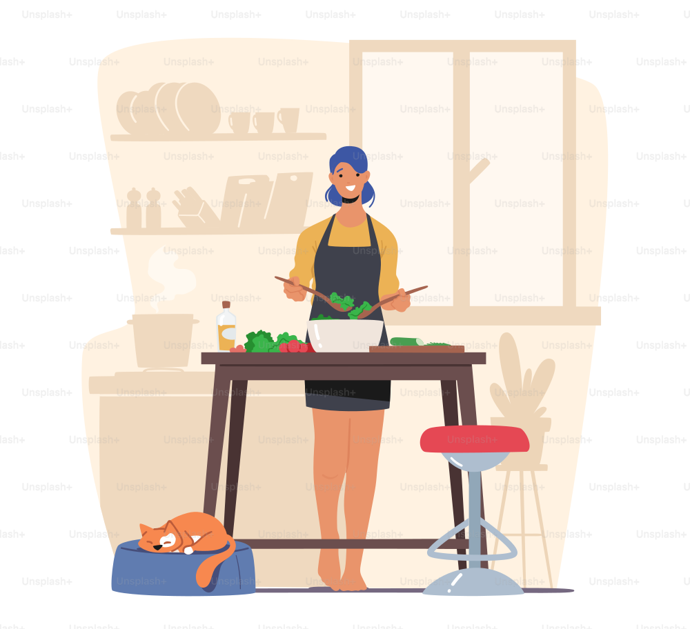 Junge entzückende Frau, die Gemüse hackt, Salat kocht. Glückliche weibliche Figur kocht in der Küche zu Hause und bereitet köstliches und gesundes Essen für das Familienessen und die Freizeit zu. Cartoon-Vektor-Illustration