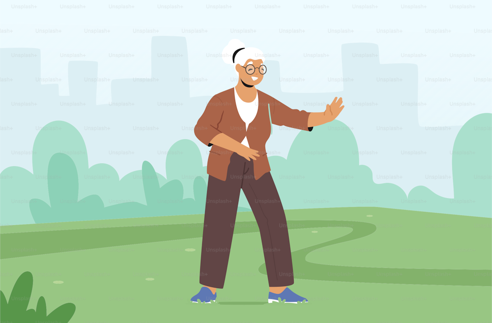 Senior Female Character Exercising Outdoors Making Tai Chi Exercises. Elderly Lady Flexibility and Wellness Healthy Lifestyle. Pensioner Morning Workout at City Park. Cartoon Vector Illustration