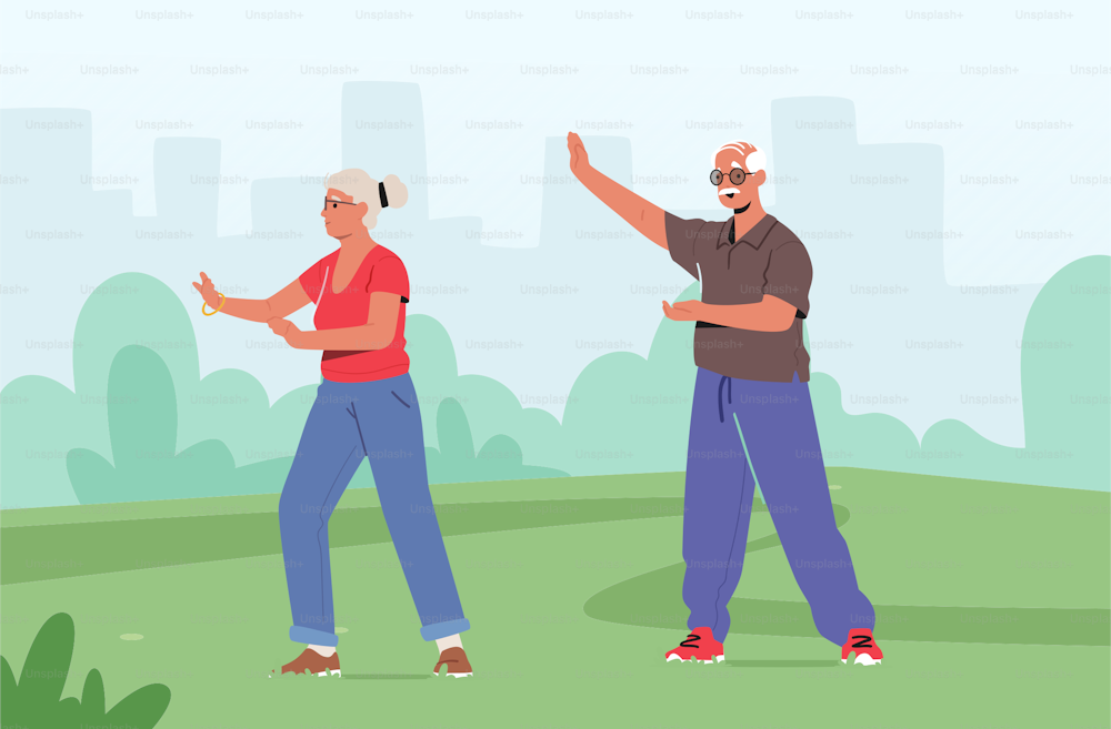 Pareja de personas mayores Personajes femeninos masculinos haciendo ejercicio en City Park. Clases de Tai Chi al aire libre para personas mayores. Estilo de vida saludable, entrenamiento de flexibilidad corporal. Entrenamiento de pensionistas. Ilustración vectorial de dibujos animados