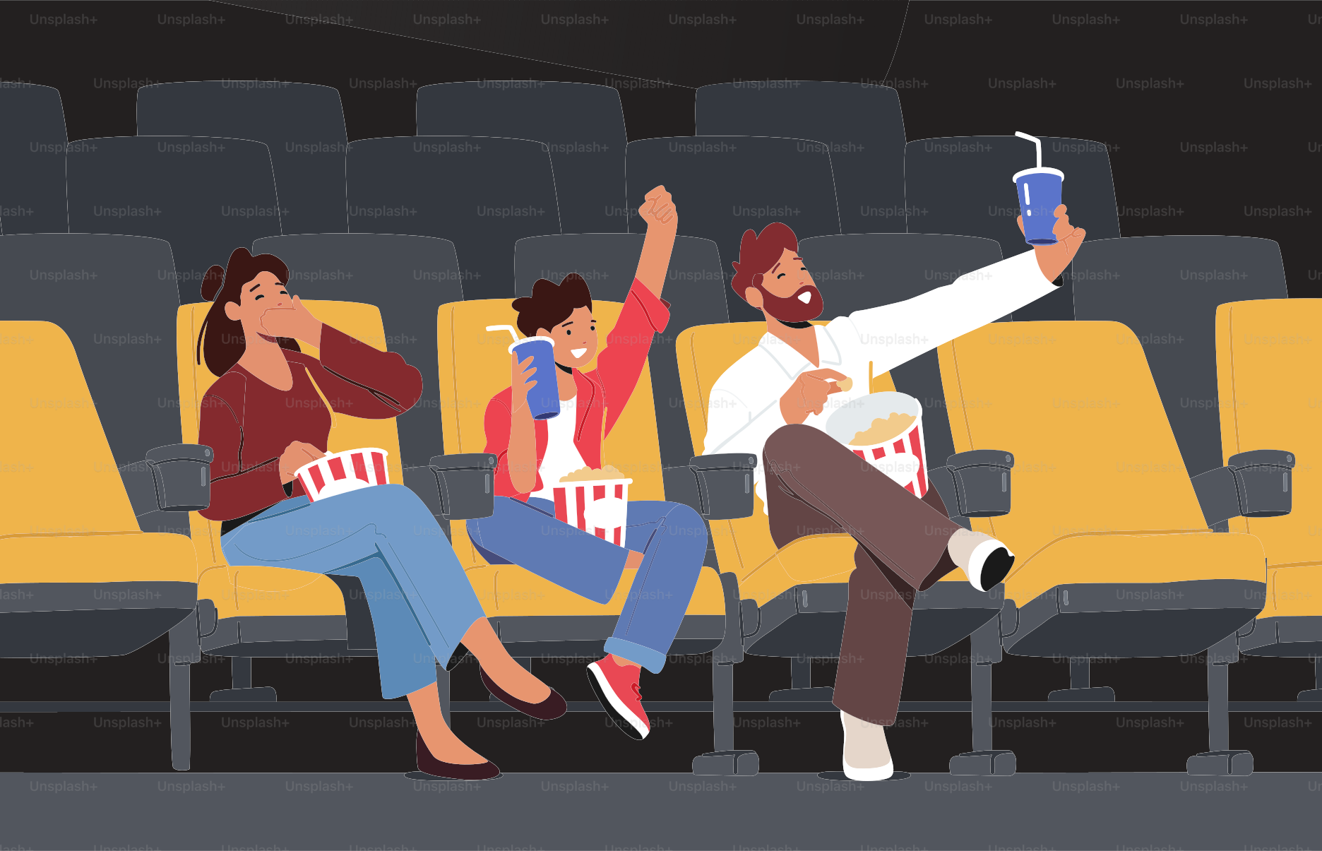 Glückliche Familienfiguren schauen einen Film im Kino, Wochenendunterhaltung. Junge Mutter, Vater und Sohn genießen im Kino Film, essen Pop Corn und trinken Cola. Cartoon People Vektorillustration