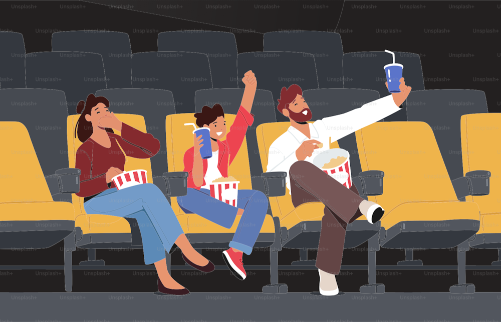 Happy Family Characters Watching Movie at Cinema, Weekend Entertaining. Young Mother, Father and Son Enjoying Film at Movie Theatre Eating Pop Corn and Drink Cola. Cartoon People Vector Illustration