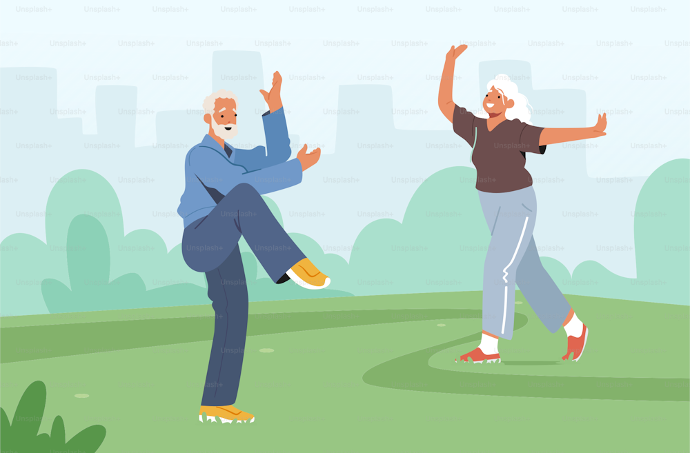 Clases grupales de Tai Chi para personas mayores. Personajes mayores haciendo ejercicio al aire libre, estilo de vida saludable, entrenamiento de flexibilidad corporal. Entrenamiento matutino de jubilados en City Park. Ilustración vectorial de dibujos animados
