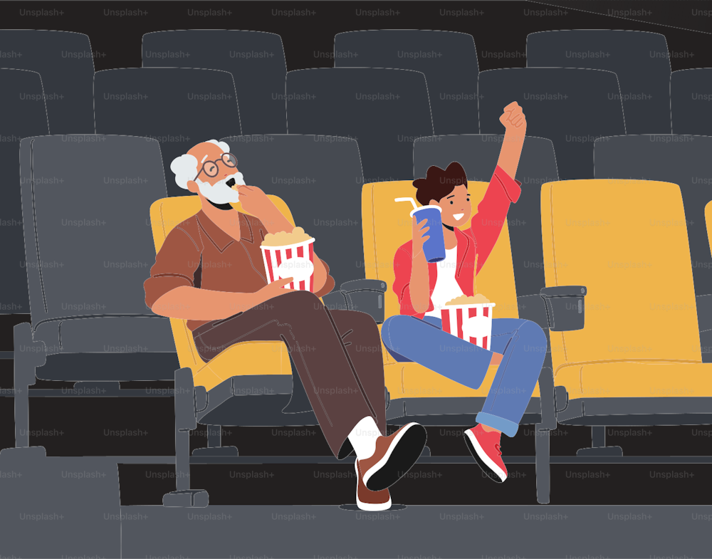 Family Weekend Entertaining, Grandfather and Grandson Characters Watching Movie at Cinema with Pop Corn and Cola. Grandpa with Boy Enjoying Film at Movie Theatre. Cartoon People Vector Illustration