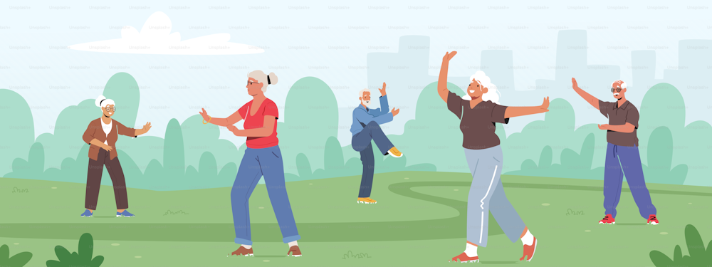 Personajes mayores que hacen ejercicio al aire libre haciendo tai chi para un cuerpo sano, flexibilidad y bienestar. Entrenamiento matutino para jubilados en City Park, clases grupales para personas mayores. Ilustración vectorial de dibujos animados