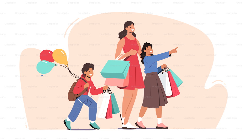 Family Shopping Weekend Spare Time Concept. Woman and Children Visiting Store for Buying Goods. Kids with Balloons and Mother Holding Paper Bags, Son and Daughter with Mom. Cartoon Vector Illustration