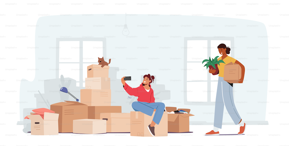 Family Relocation in New House Concept. Happy Girl Teenager Sitting on Carton Boxes Making Selfie, Mother Carry Things and Potted Plant into Wide Light Room. Cartoon People Vector Illustration