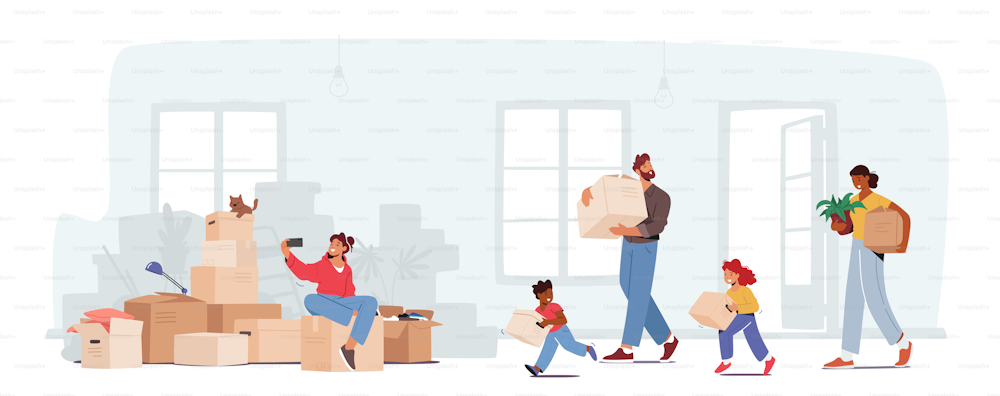 Happy Family Relocation Concept. Mother, Father and Little Kids Moving into New House. Characters Carry Cardboard Boxes in Hands, Making Selfie in Large Light Room. Cartoon People Vector Illustration
