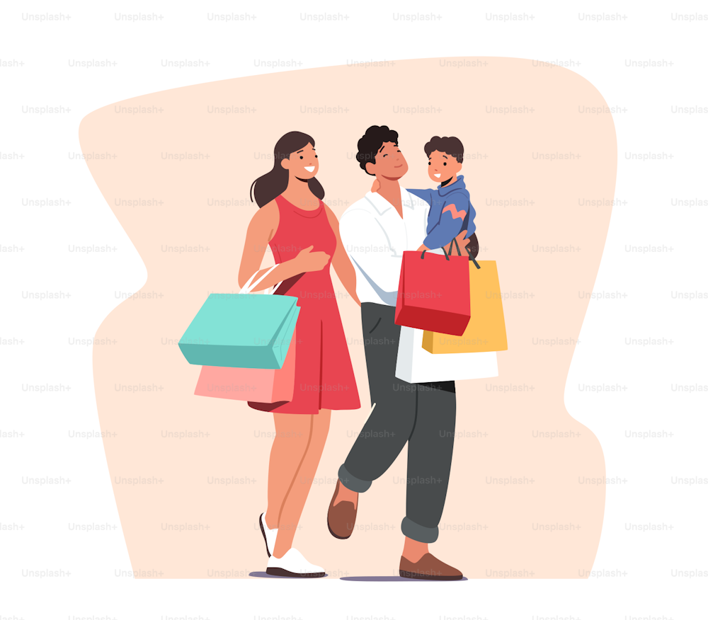 Happy Family Shopping. Mother and Father with Little Kid on Hands Visit Supermarket for Purchases, Child with Parents in Shop Market on Weekend. Baby Sitting on Dad Arms. Cartoon Vector Illustration