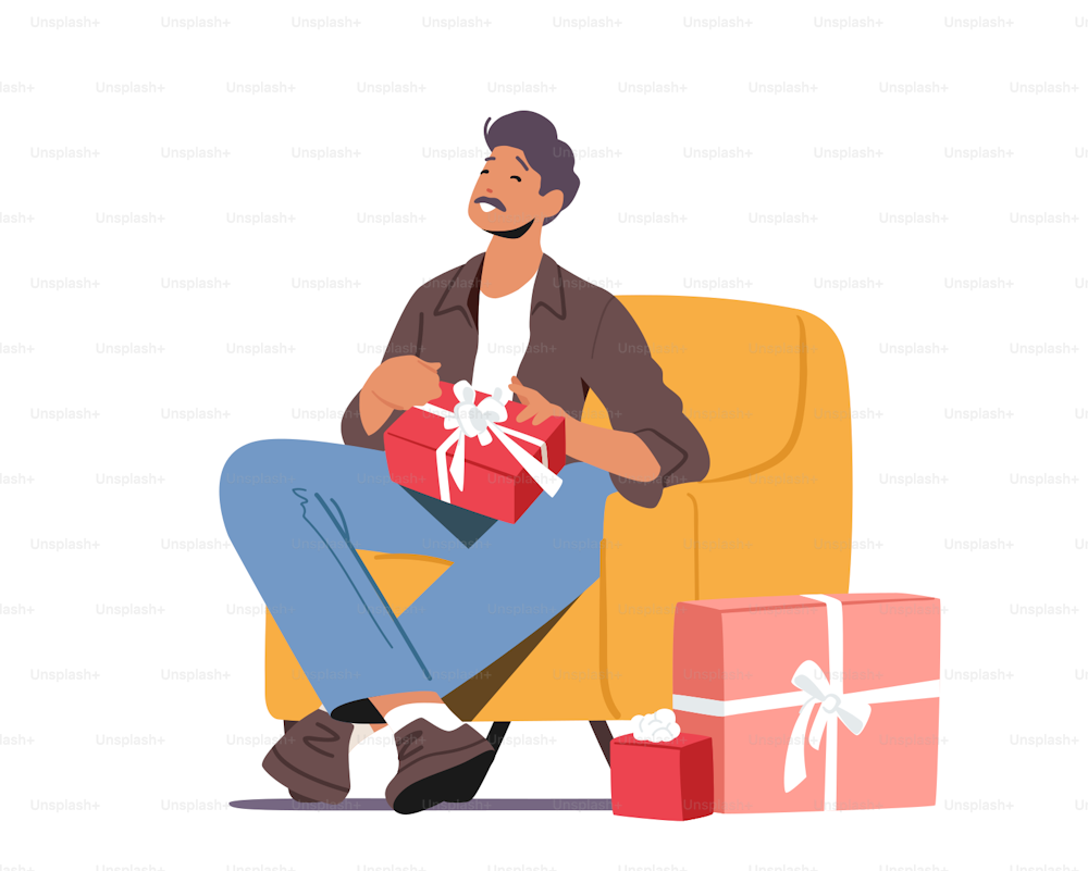 Personaje de padre feliz sentado en un sillón con caja de regalo en las manos. Celebración de eventos familiares, cumpleaños de papá, vacaciones del Día del Padre, Navidad, concepto de momentos dulces de vida. Ilustración vectorial de dibujos animados
