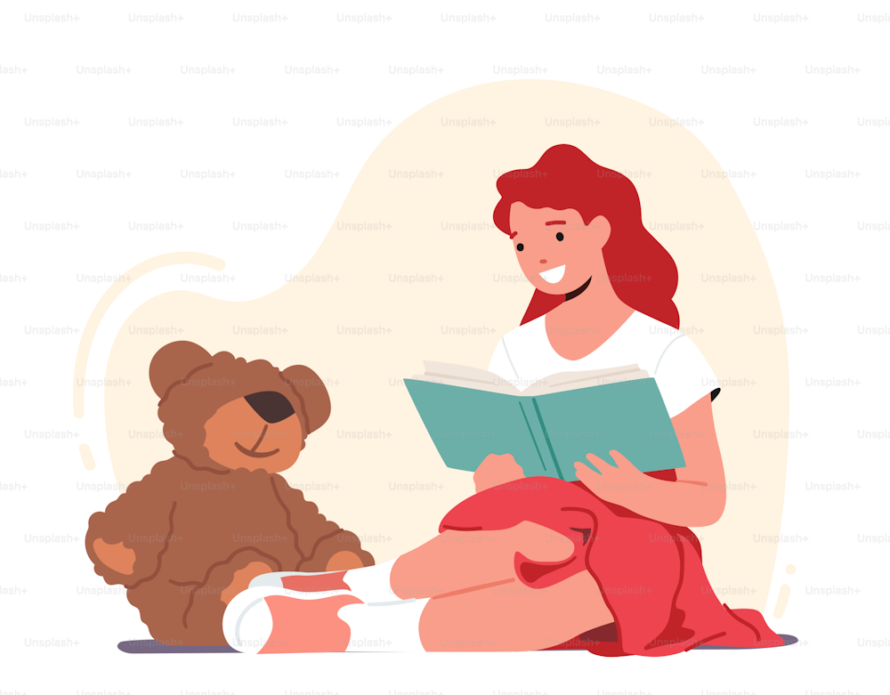 Mädchenfigur, die Bücher zu weichem Bärenspielzeug liest. Zurück zur Schule, Unterricht, Bildung und Wissenskonzept. Kind lernt, kleines Schulmädchen lernt, märchenhafte Geschichte lesen. Cartoon-Vektor-Illustration