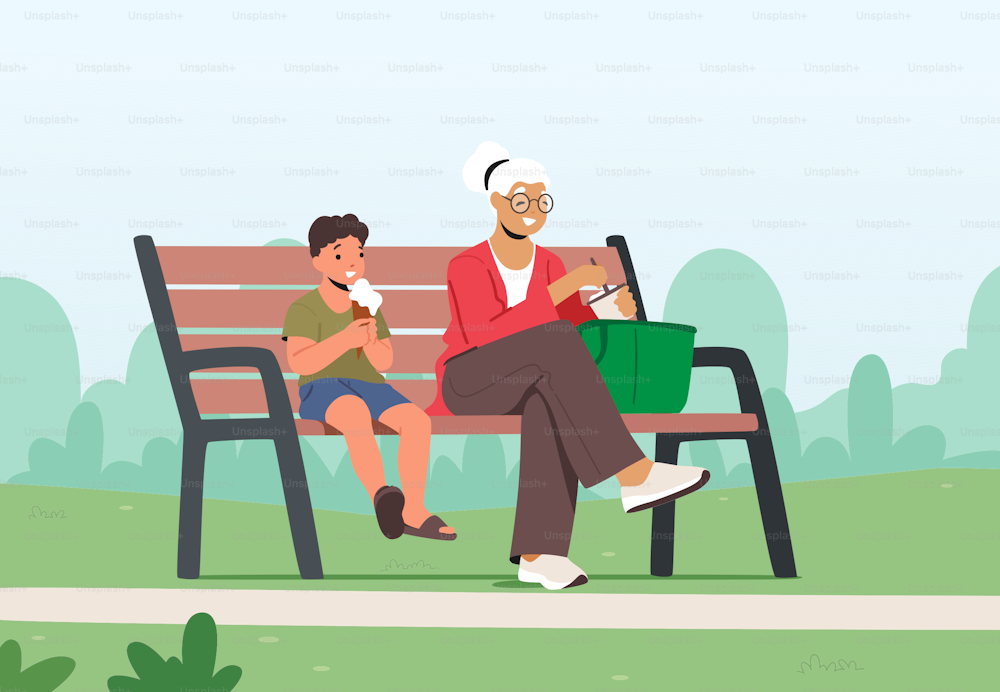 Little Boy and Grandmother Eating Ice Cream in City Park. Happy Family Characters Granny and Grandson Enjoying Weekend Outdoor Walking, Loving Relations, Recreation. Cartoon People Vector Illustration