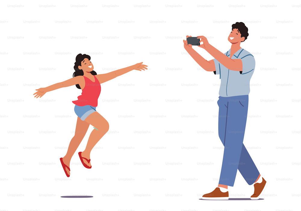Father Photographer with Photo Camera Make Picture of Daughter for Family Album. Creative Hobby, Family Traveling, Male Character and Girl Pictures for Memory. Cartoon People Vector Illustration