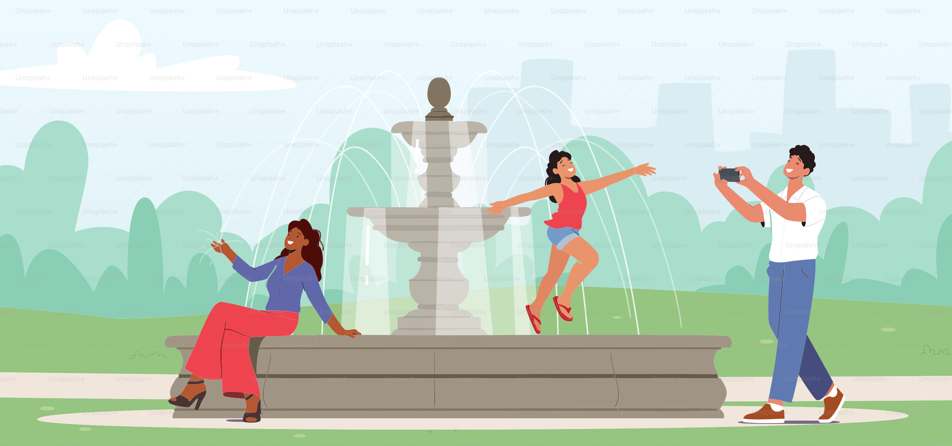 Personajes felices Tiempo de verano Recreación al aire libre, ocio,  relajación. Gente caminando en el parque de la ciudad, niña posando para  padre en la fuente, mujer sentada en el parapeto. Ilustración, image size:3000x1406