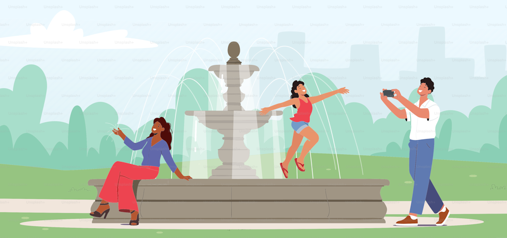 Happy Characters Summer Time Outdoor Recreation, Leisure, Relax. People Walking in City Park, Little Girl Posing for Father on Fountain, Woman Sitting on Parapet. Cartoon People Vector Illustration