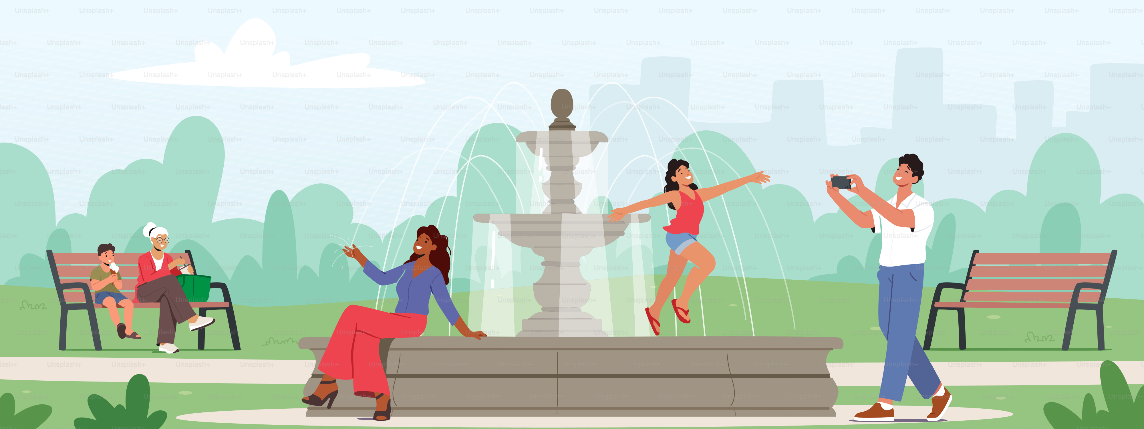 Happy Characters Walking in City Park, Girl Posing for Father on Fountain, Woman Sitting on Parapet, Little Boy and Grandmother Enjoying Ice Cream Sitting on Bench. Cartoon People Vector Illustration