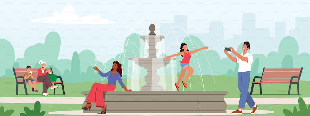 Happy Characters Walking in City Park, Girl Posing for Father on Fountain, Woman Sitting on Parapet, Little Boy and Grandmother Enjoying Ice Cream Sitting on Bench. Cartoon People Vector Illustration