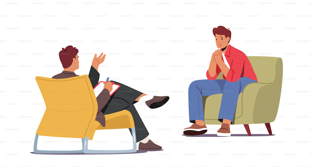 Psychiatrist Session in Mental Health Clinic. Patient Character with Depression Disorder in Psychologist Office. Man Sit on Couch Talking to Practitioner in Cabinet. Cartoon People Vector Illustration