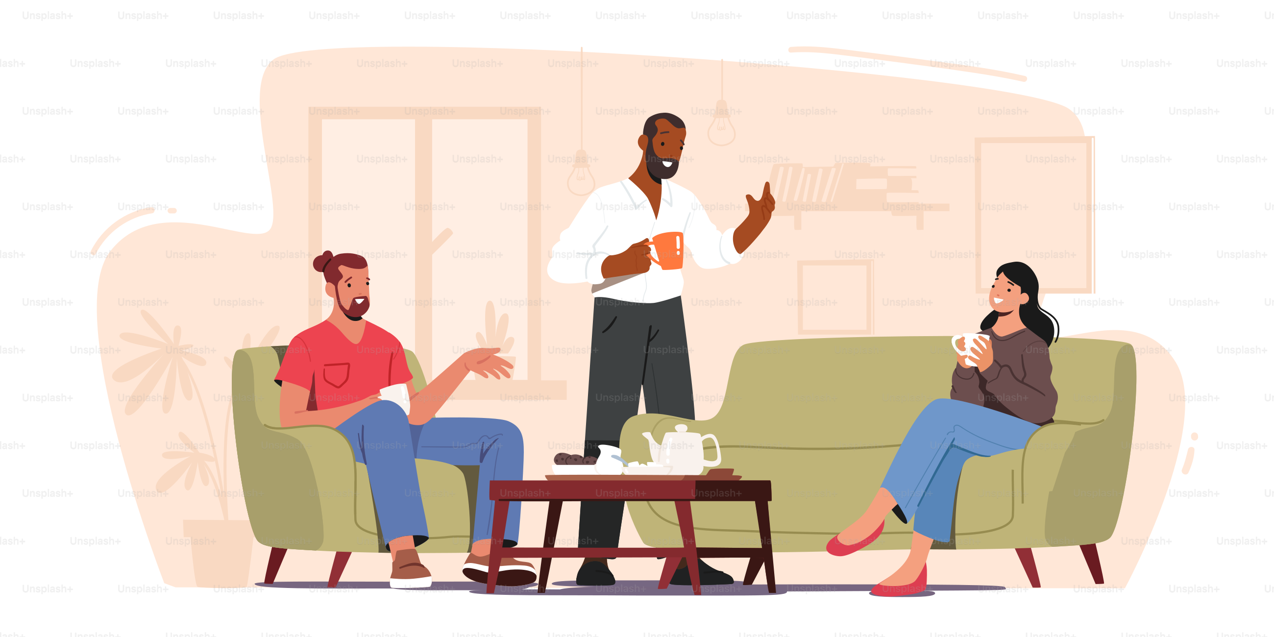 Friends Characters Meeting at Home. Company of Young People Drinking Tea, Eating Cookies, Having Conversation, Communicating, Chatting, Spending Time Together on Weekend. Cartoon Vector Illustration