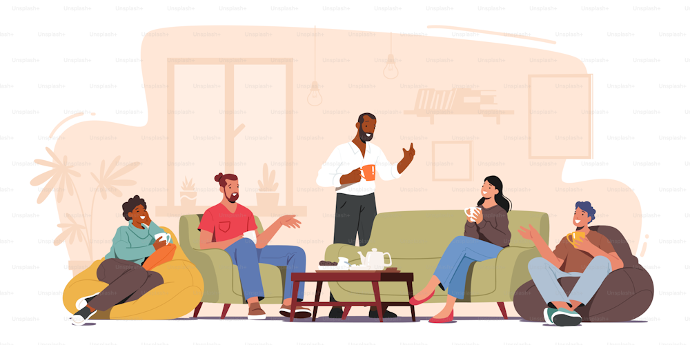 Group of Characters Celebrate Party at Home Sitting at Table in Living Room Eating Cookies, Drinking Tea. Friends Company Leisure, Weekend Spare Time, Celebration. Cartoon People Vector Illustration