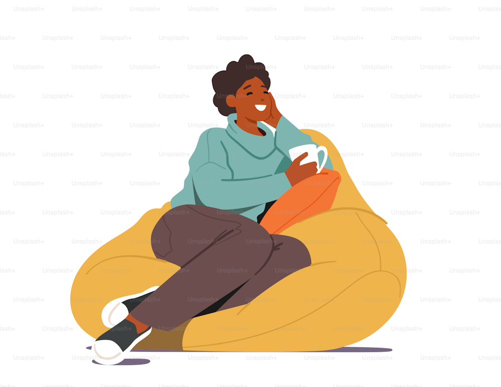 Young Woman Sitting on Bean Bag with Cup of Tea or Coffee in Hand at Home. Female Character Visiting Friend, Relaxing after Work, Having Leisure, Sparetime Drink Beverage. Cartoon Vector Illustration