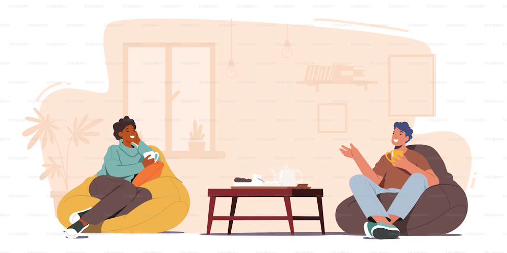 Un par de amigos sentados en el sofá, bebiendo té, bebidas calientes y comunicándose en casa. Personajes masculinos y femeninos Amistad, charla, ocio, tiempo libre. Ilustración vectorial de Cartoon People