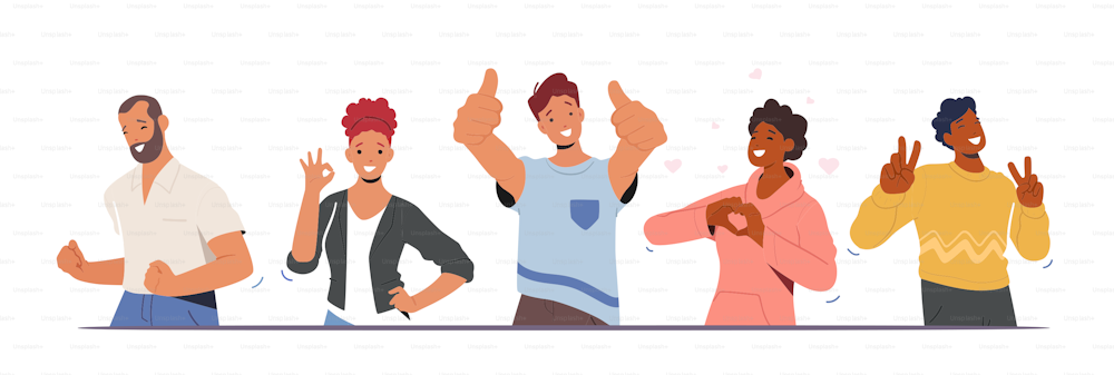 Emociones de felicidad, lenguaje corporal. Personas que muestran gestos positivos. Los personajes masculinos y femeninos felices muestran el pulgar hacia arriba, el símbolo OK, la victoria, el sí y el corazón gestuando. Ilustración vectorial de Cartoon People