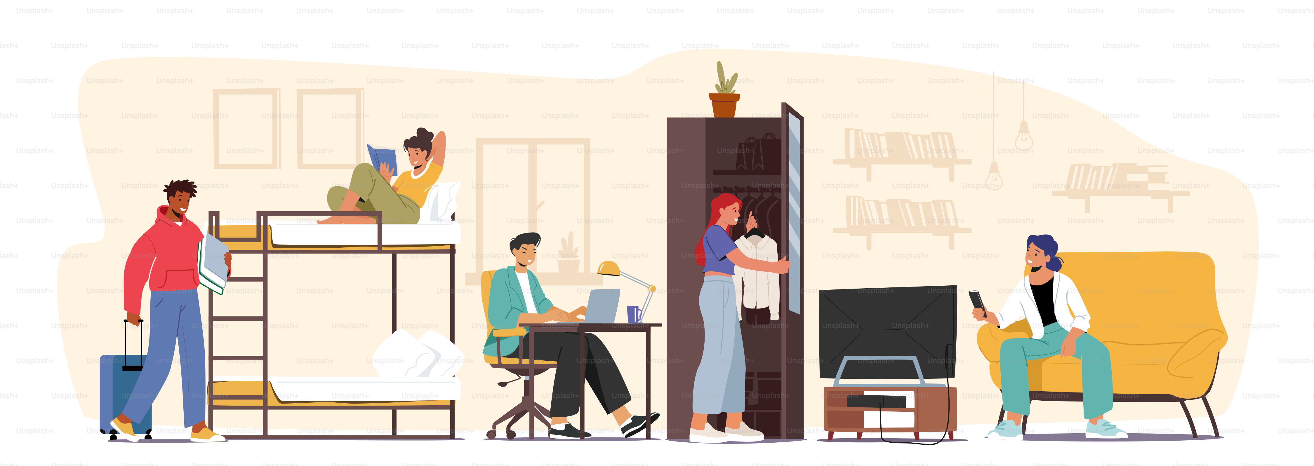 Students Characters in Dormitory Room Interior. Place for Living, Sleeping and Studying in Academic Year. Alternative Home for Scholars with Bed, Table and Cupboard. Cartoon People Vector Illustration