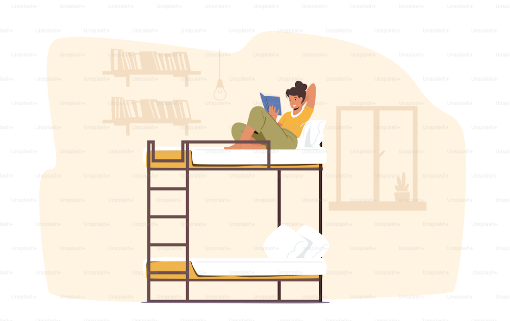 Female Character Sitting with Book on Bunk Bed in Dormitory Room. College or University Student Lifestyle, Studying and Relax, Sharing Room, Hostel Concept. Cartoon People Vector Illustration