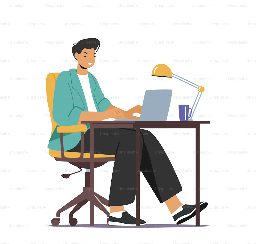 Young Asian Man Student Character Work on Laptop Sitting at Desk in Dormitory Room Typing Homework, Watch Lecture or Webinar. Education, Learning in University or College. Cartoon Vector Illustration
