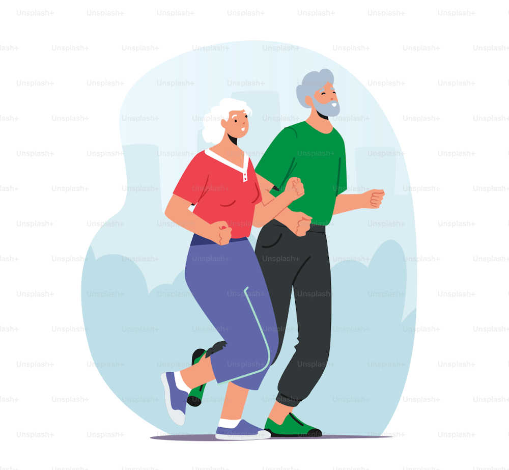 Couple of Senior Characters in Sportswear Run Together, Doing Exercises. Pensioners Outdoors Activity and Sport, Old Friends Have Fun, Fitness, Healthy Lifestyle. Cartoon People Vector Illustration