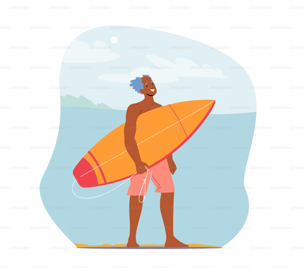 Senior Man Surfing Recreation, Character in Shorts on Ocean Beach with Surf Board in Hands. Sportsman Summer Sparetime, Sport Activity, Healthy Lifestyle, Leisure. Cartoon People Vector Illustration