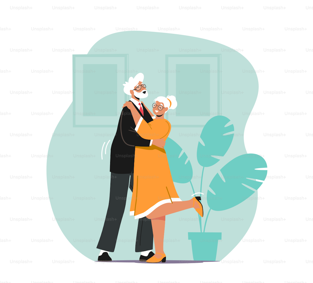 Senior Characters Couple Dancing Sparetime, Elderly People Active Lifestyle, Old Man and Woman in Loving or Friendly Relations Spend Time Together, Dance Leisure. Cartoon People Vector Illustration