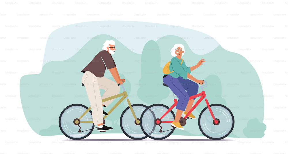Adorable couple de personnes âgées joyeuses à vélo, homme et femme retraité mode de vie actif, personnes âgées activité extrême, personnages seniors conduisant vite sur des vélos. Illustration vectorielle de personnes de dessins animés