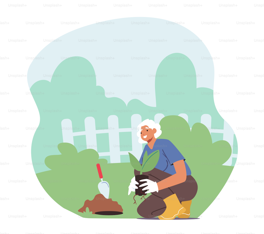 Active Female Pensioner Character Planting Tree. Aged Woman Digging Soil with Shovel, Hold Plant. Old Lady Gardening Hobby, Senior Gardener Working Outdoors. Cartoon People Vector Illustration